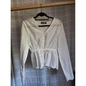 PIECES Women White Floral Eyelet Peplum Blouse Long Sleeve Button Front Medium